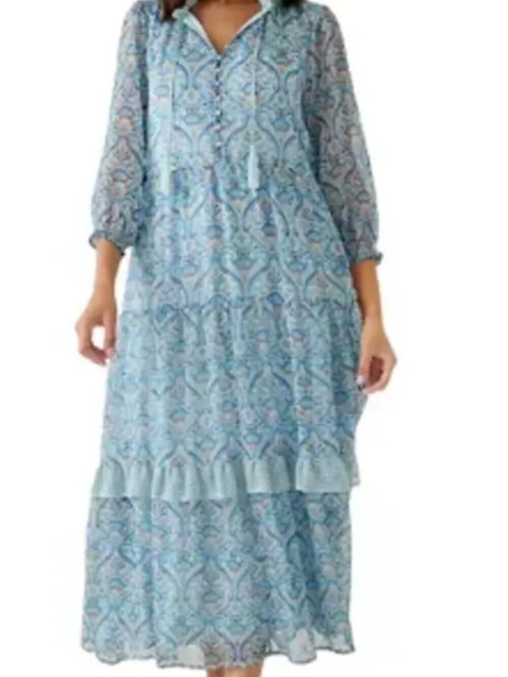 Boho Tiered Floral Maxi Dress in Light Blue. Medium
